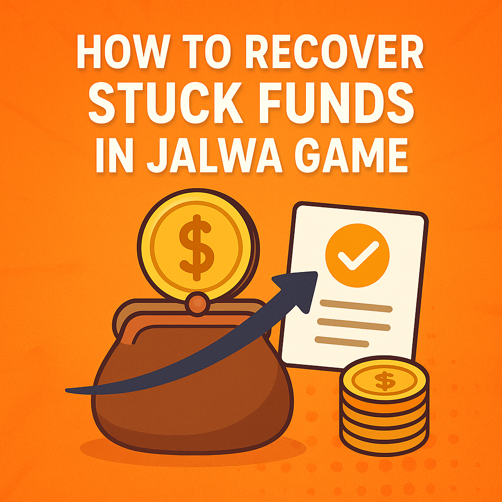 Illustration showing a wallet with coins, a document with a checkmark, and an upward arrow, representing how to recover stuck funds in Jalwa Game.