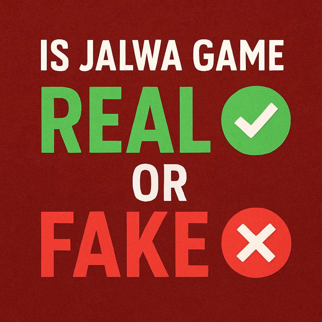 A digital poster with the text "Is Jalwa Game Real or Fake?" featuring a green check mark next to “Real” and a red cross next to “Fake” on a dark red background.