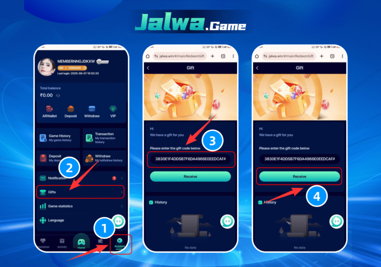Screenshot of the Jalwa Game app showing the Rewards section where users enter a Jalwa Gift Codes to claim free bonuses.