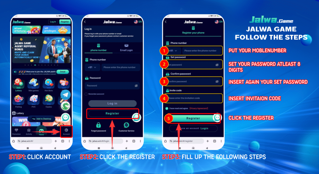 A vibrant screenshot of the Jalwa Game registration page, featuring a colorful interface with fields for phone number and password, a prominent "Register" button, and a ₹500 signup bonus highlight, set against a dynamic gaming background.