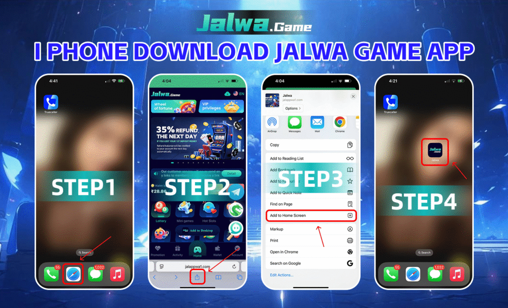 A sleek iPhone screen displaying the Jalwa Game app download page, featuring a prominent "Download for iOS" button, vibrant game icons, and a ₹500 signup bonus banner, set against a modern gaming interface.