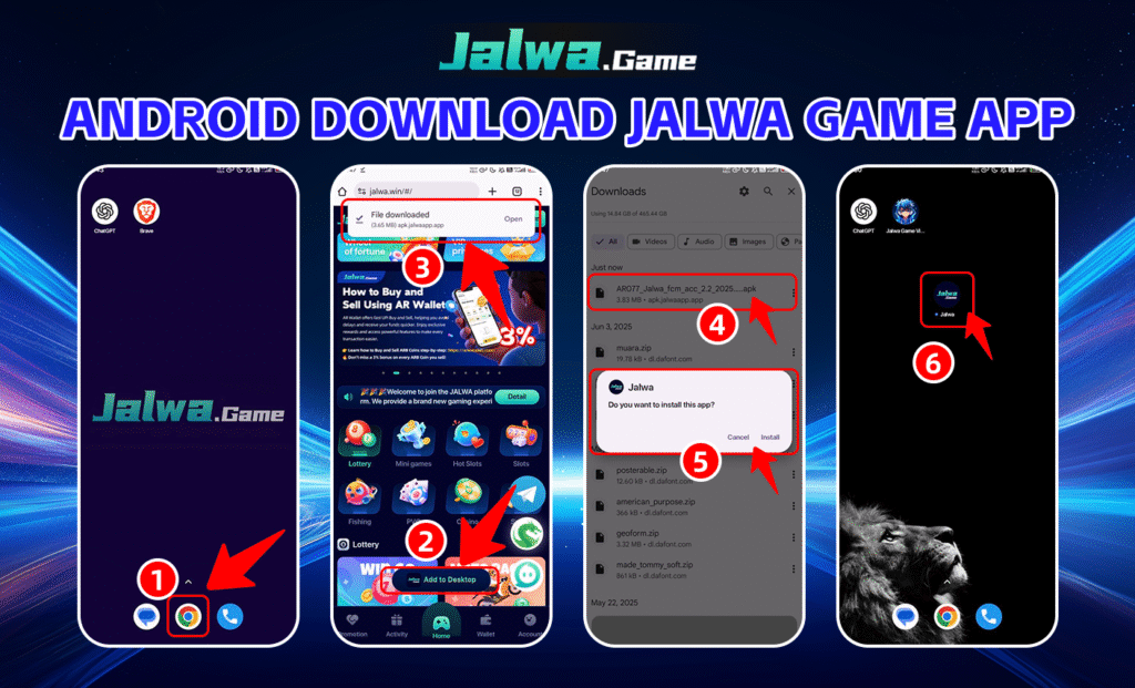 A vivid Android phone screen showing the Jalwa Game download page, featuring a bold "Download for Android" button, colorful game thumbnails, and a ₹500 signup bonus highlight, set against an energetic gaming backdrop.